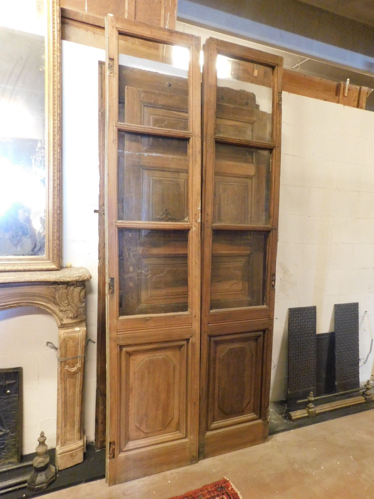 Double Glass Door In Wood With Carved Lower Panel, To Be Restored, Italy photo furniture