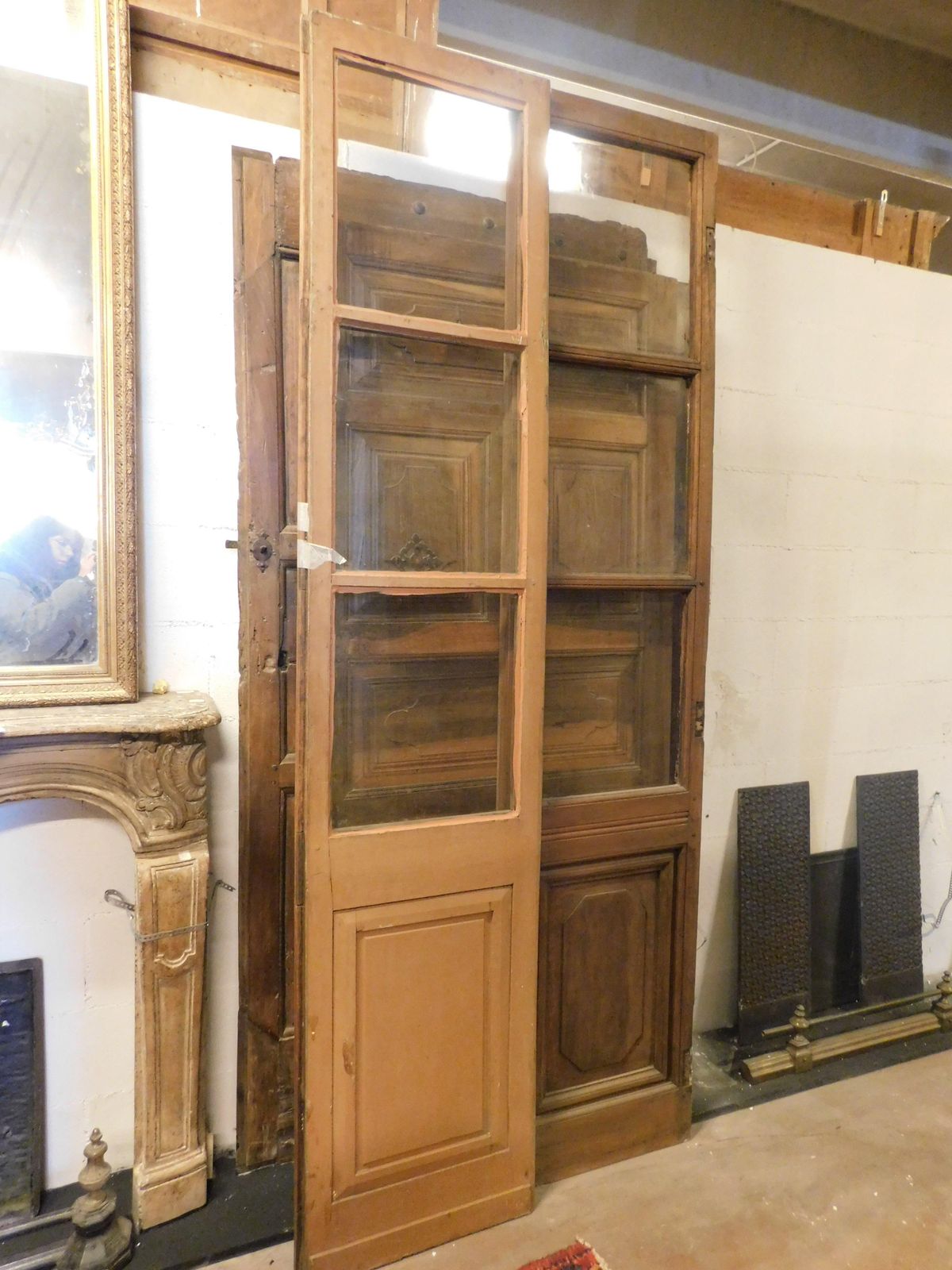 Double Glass Door In Wood With Carved Lower Panel, To Be Restored, Italy photo vintage