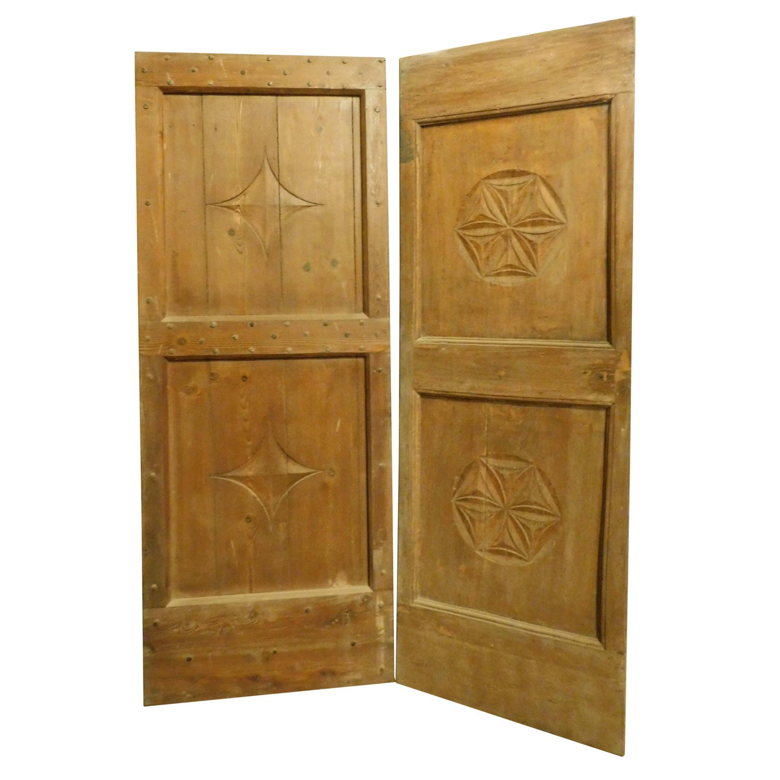 Set Of 2 Single Wooden Doors, Rustic With Carved Panels, Italy