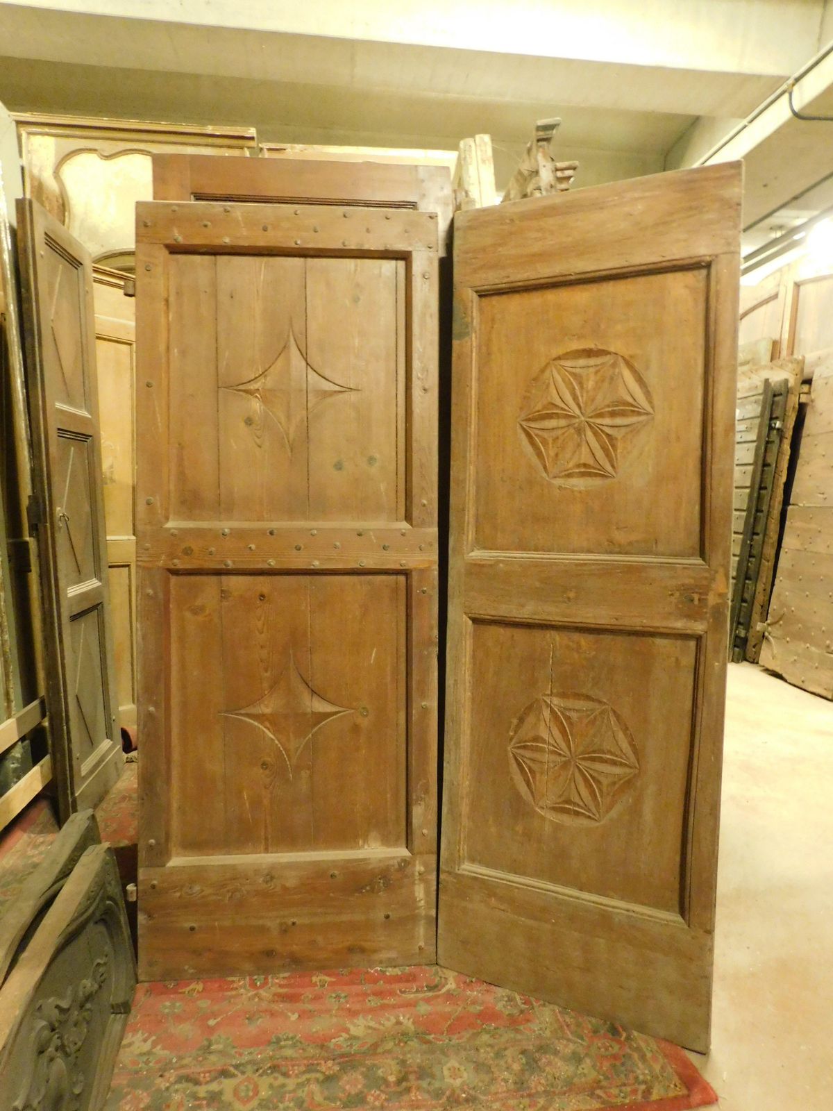 Set Of 2 Single Wooden Doors, Rustic With Carved Panels, Italy photo for sale