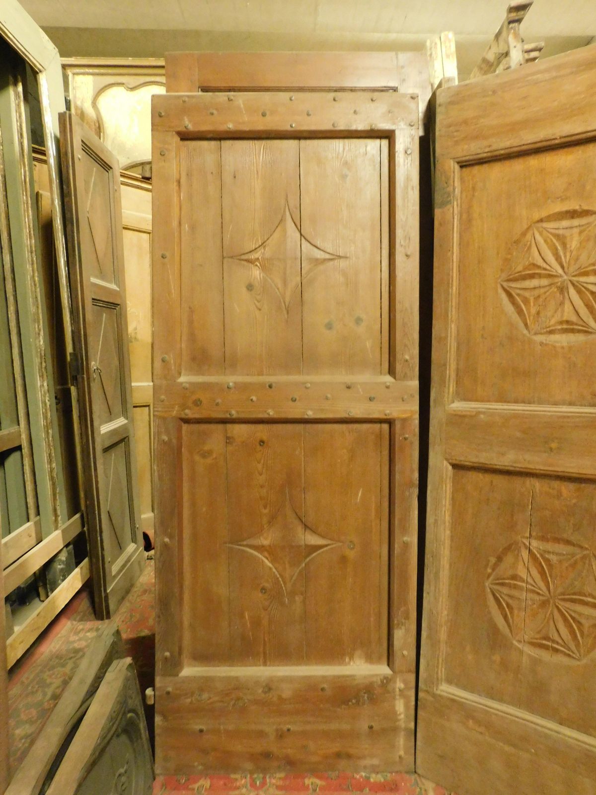 Set Of 2 Single Wooden Doors, Rustic With Carved Panels, Italy photo Home Fixtures