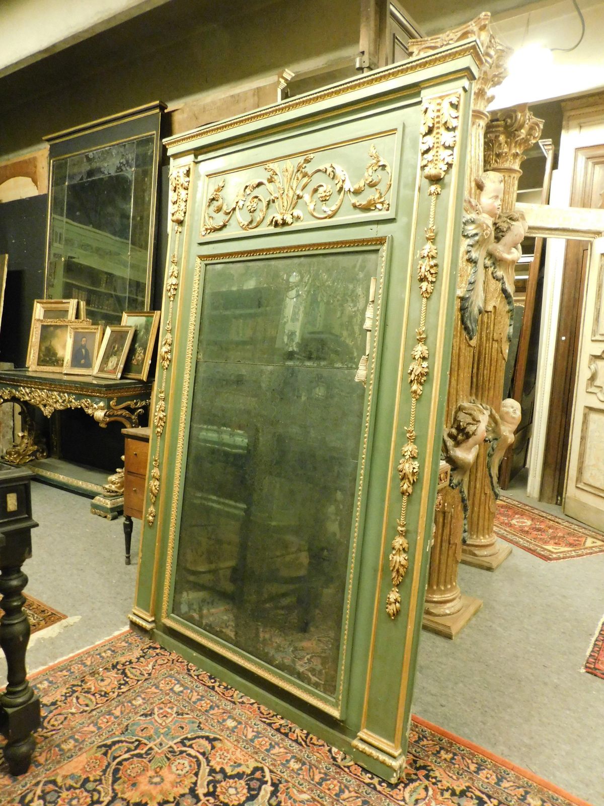 photo for sale Green And Gold Lacquered Console Complete With Mirror And Table, France