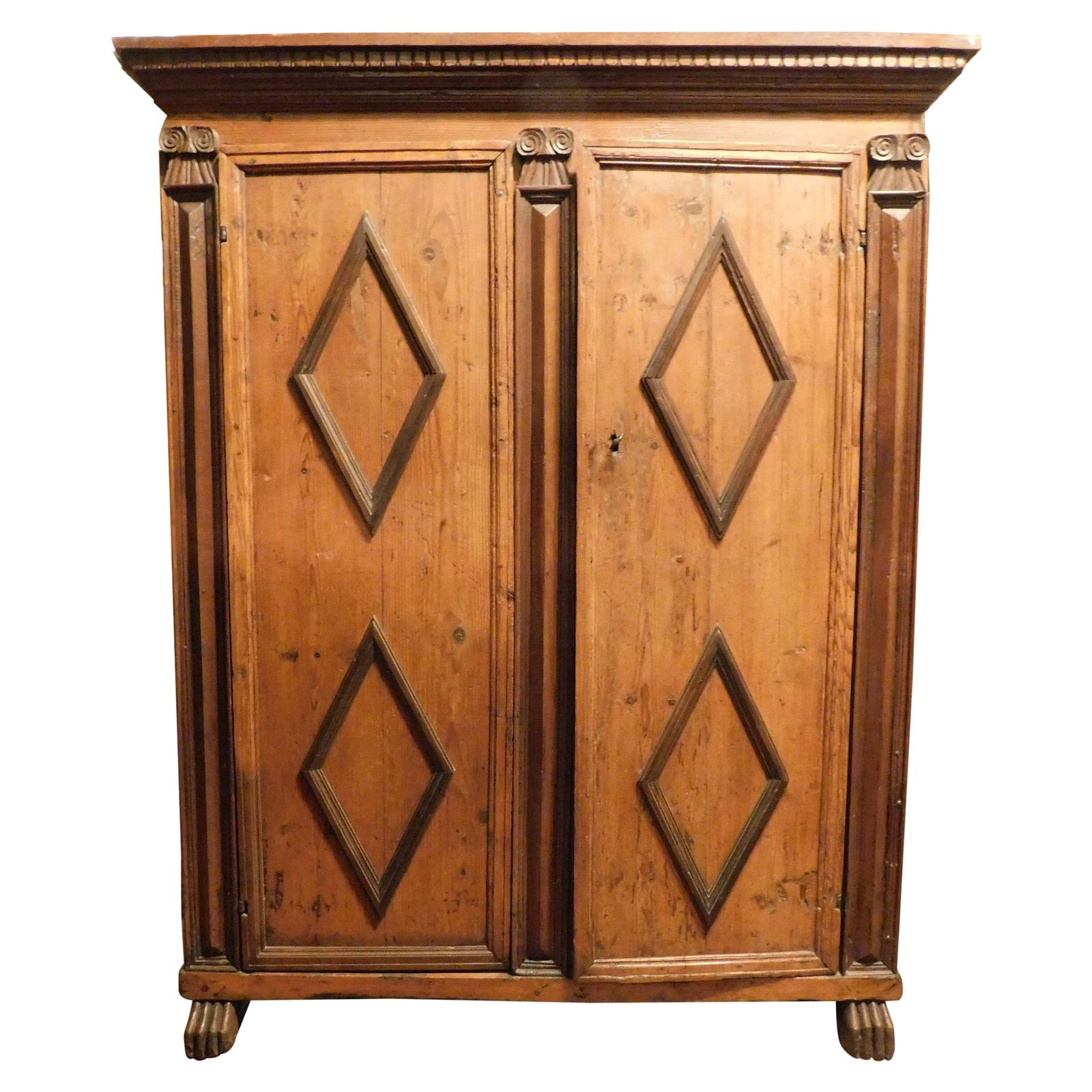 Armoires Wardrobe In Larch Wood With Two Doors With Carved Rhombuses, Italy