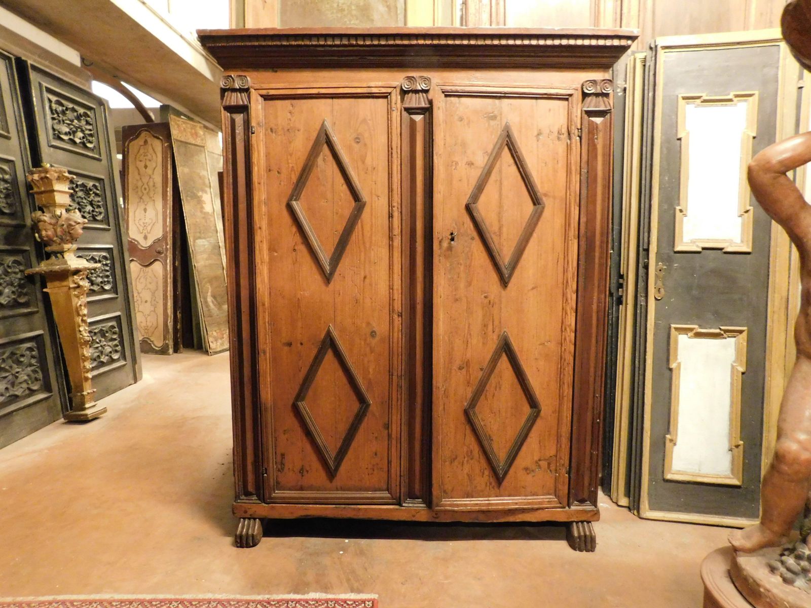 Armoires Wardrobe In Larch Wood With Two Doors With Carved Rhombuses, Italy photo Furniture