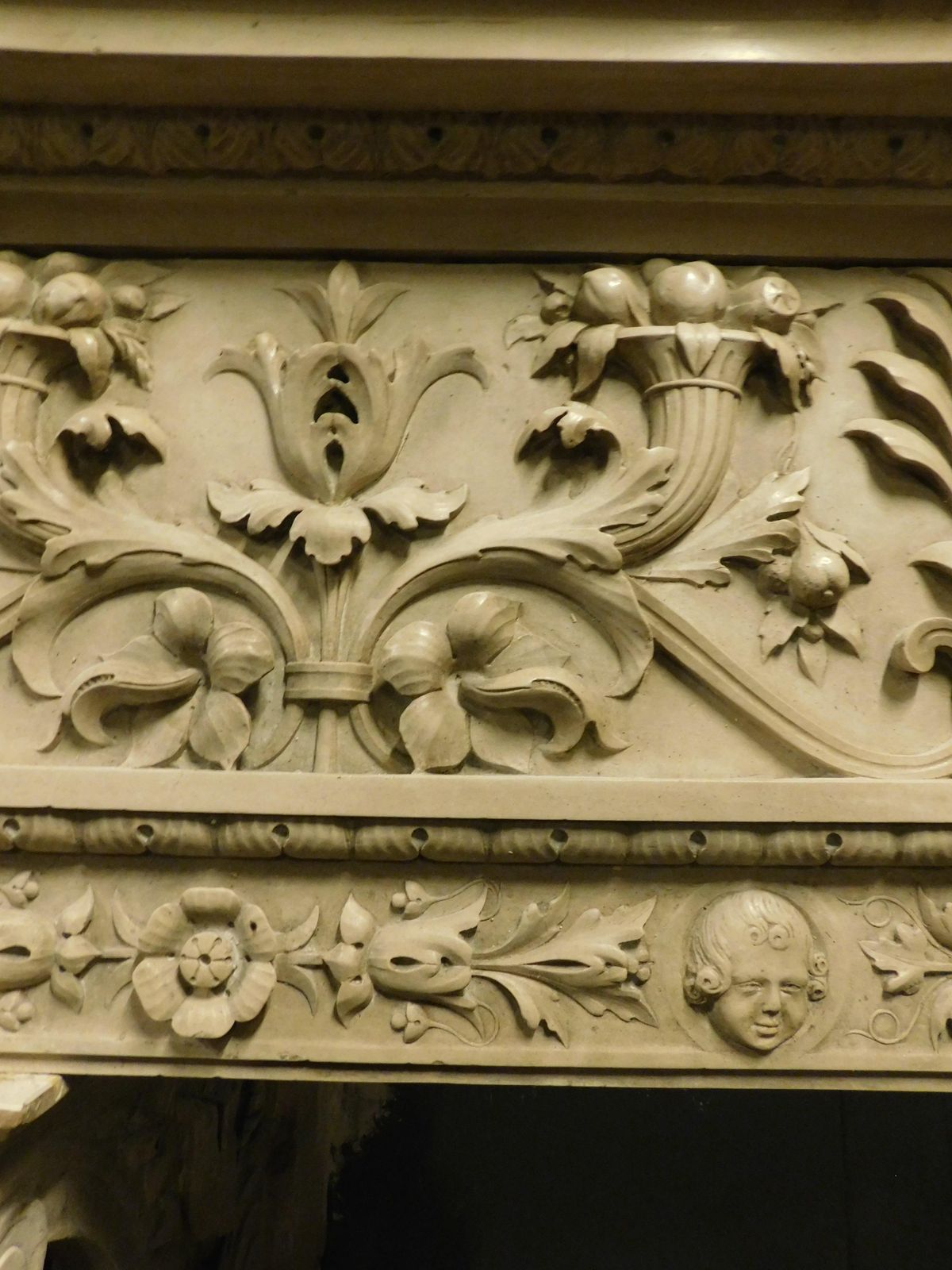 Majestic Eclectic Mantle Fireplace, Richly Carved In Botticino Marble, Italy photo buy