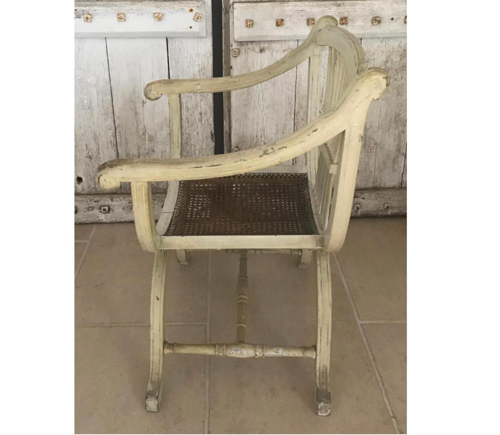 Pair Of French Armchairs Fauteuil White Carved Back 1800s 1900s Antique Empire photo for sale