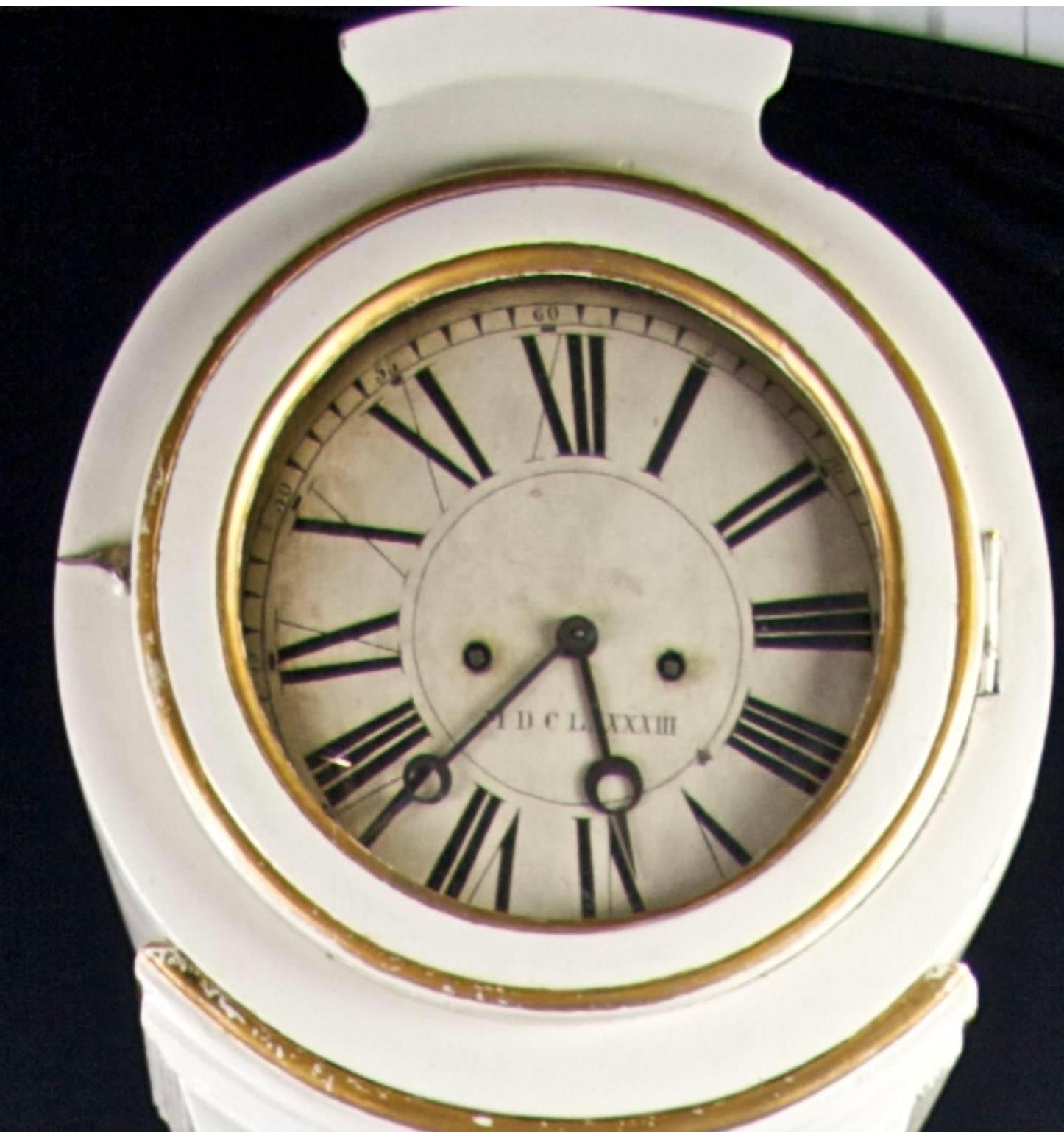 Swedish Mora Clock White Gold Paint, Early 1800s Carved Detail Antique Gustavian photo furniture