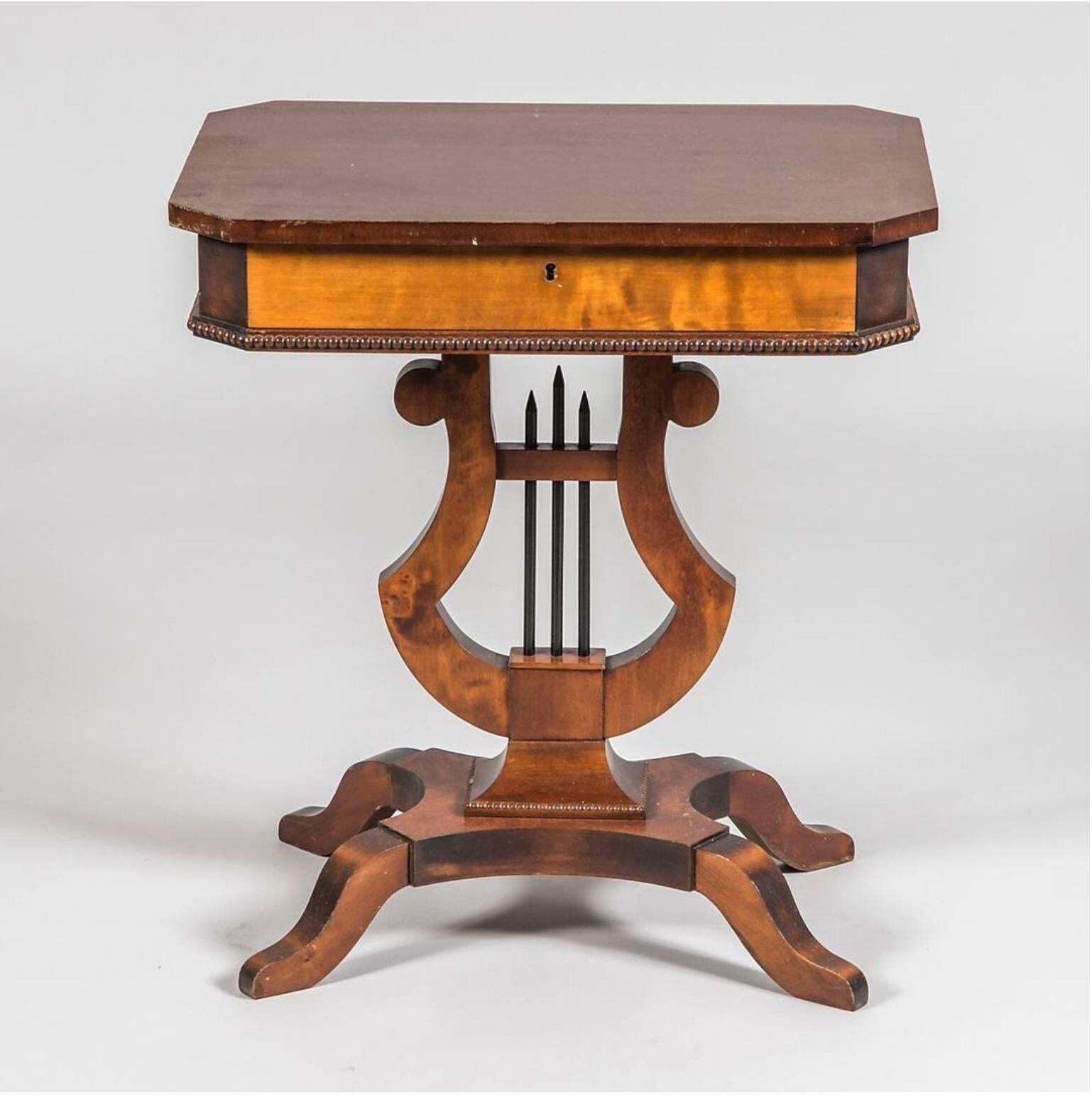 Swedish Biedermeier Antique Lyre Pedestal Table, French Polish, 19th Century A photo furniture