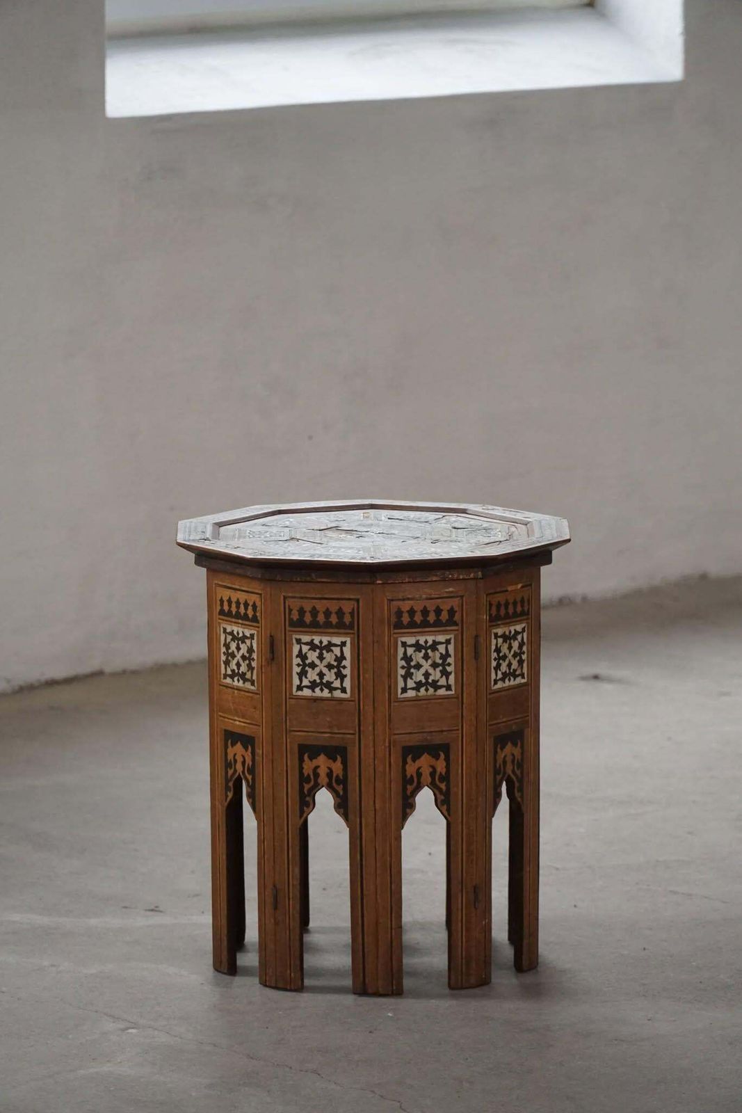 Antique Octagon Shaped Side Table In Oak & Mother Of Pearl Inlay, Ottoman Empire photo buy