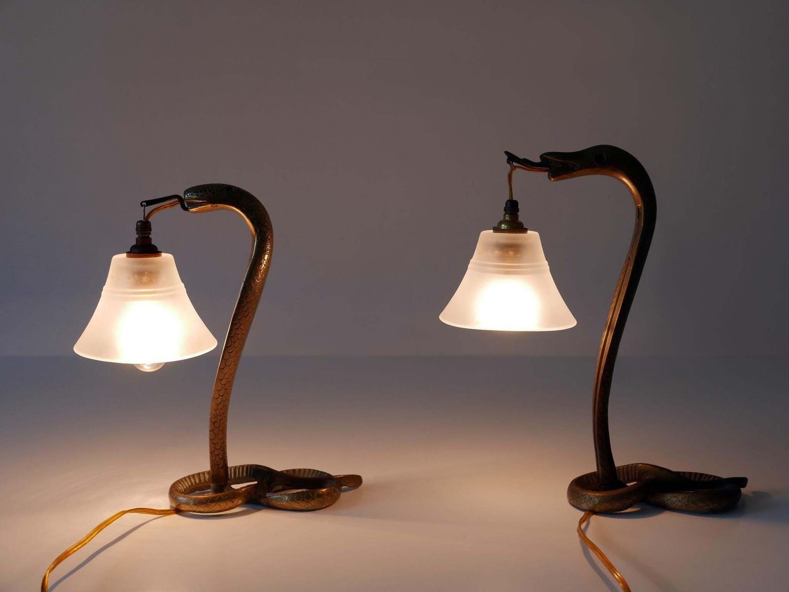 Lighting Set Of Two Decorative Art Nouveau Bronze Cobra Table Lamps 1910s photo