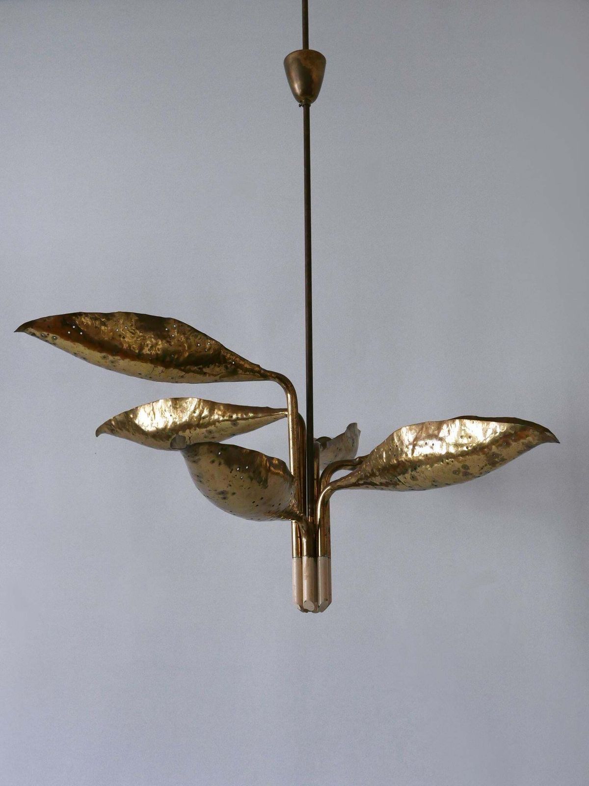 Lighting Angelo Lelii Hammered & Perforated Brass Chandelier For Arredoluce Italy 1950s photo