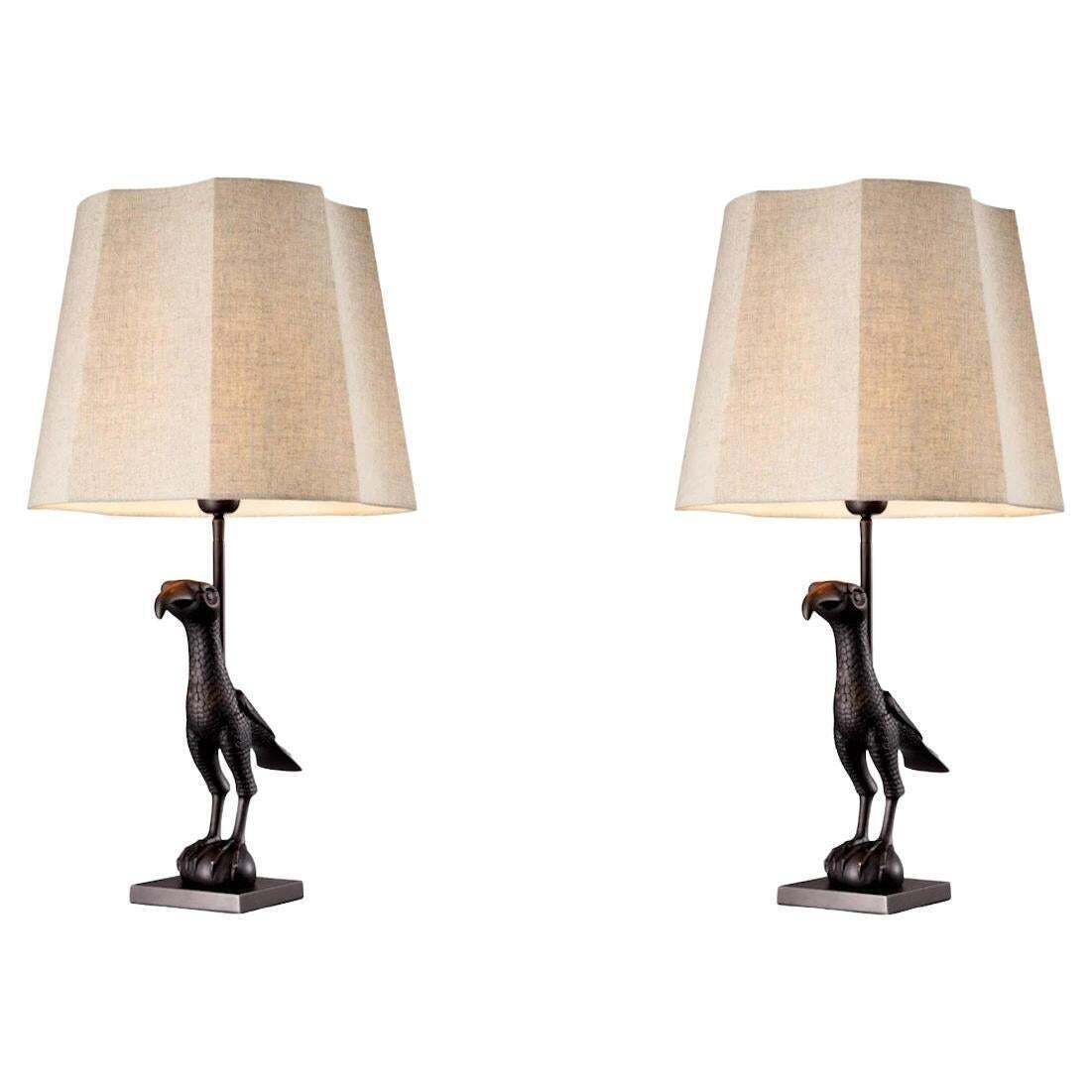 Pair Of Patinated Bronze Table Lamps Representing A Falcon.