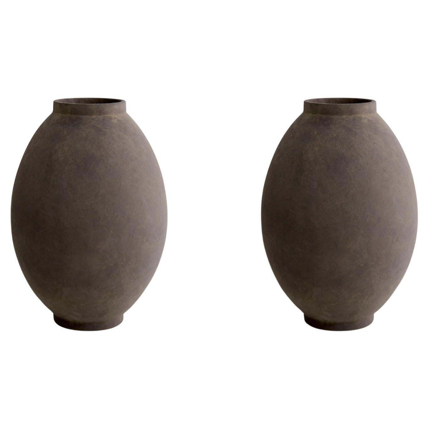 Pair Of Taupe Coloured Terracotta Vases, Jars.