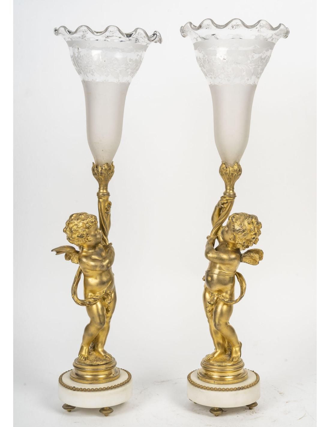 A Pair Of Gilt Bronze And Crystal Cornet Vases, 19th Century. photo vinterior