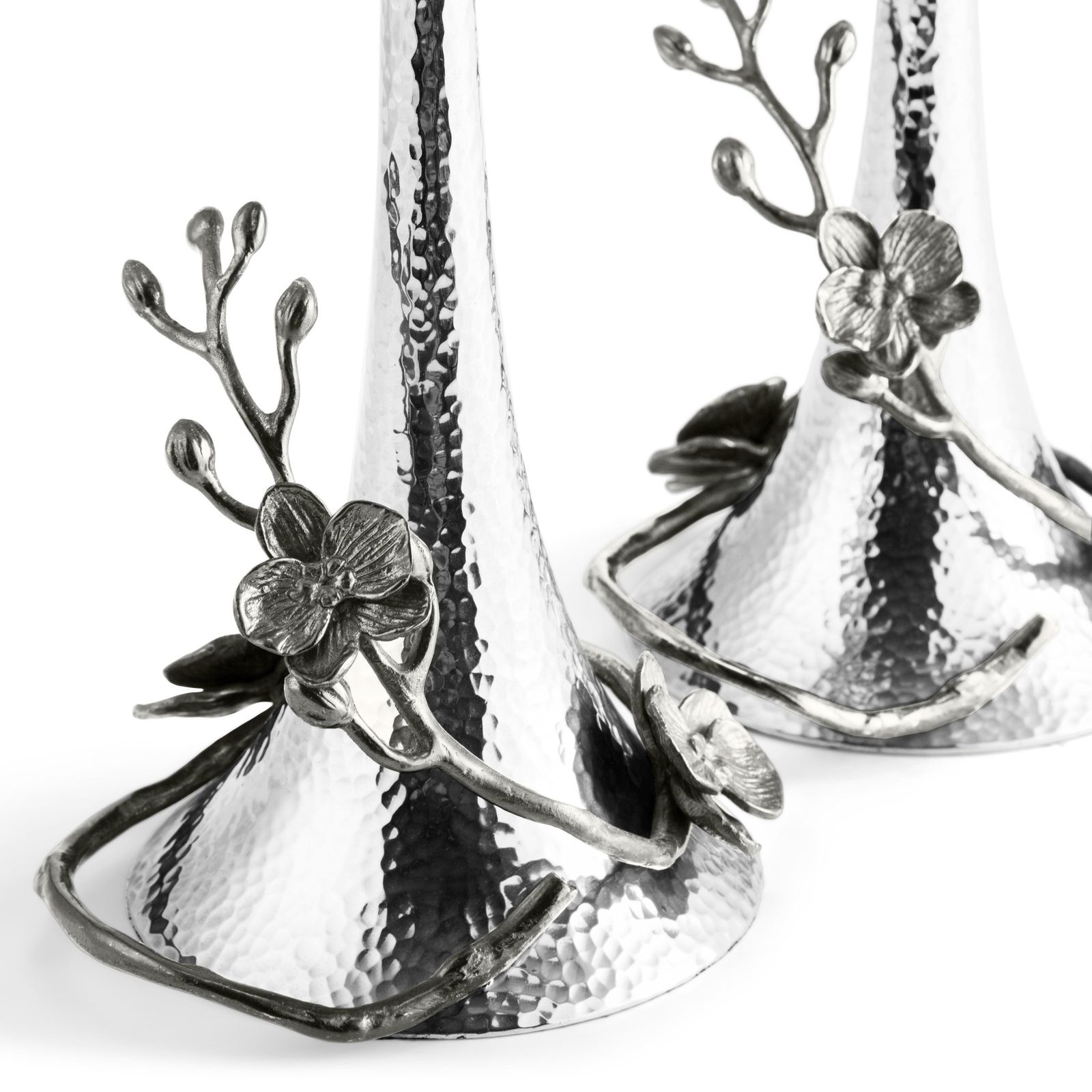 Black Orchid Candlesticks, High Quality Silver Plated Metal With A Patina Finish photo for sale