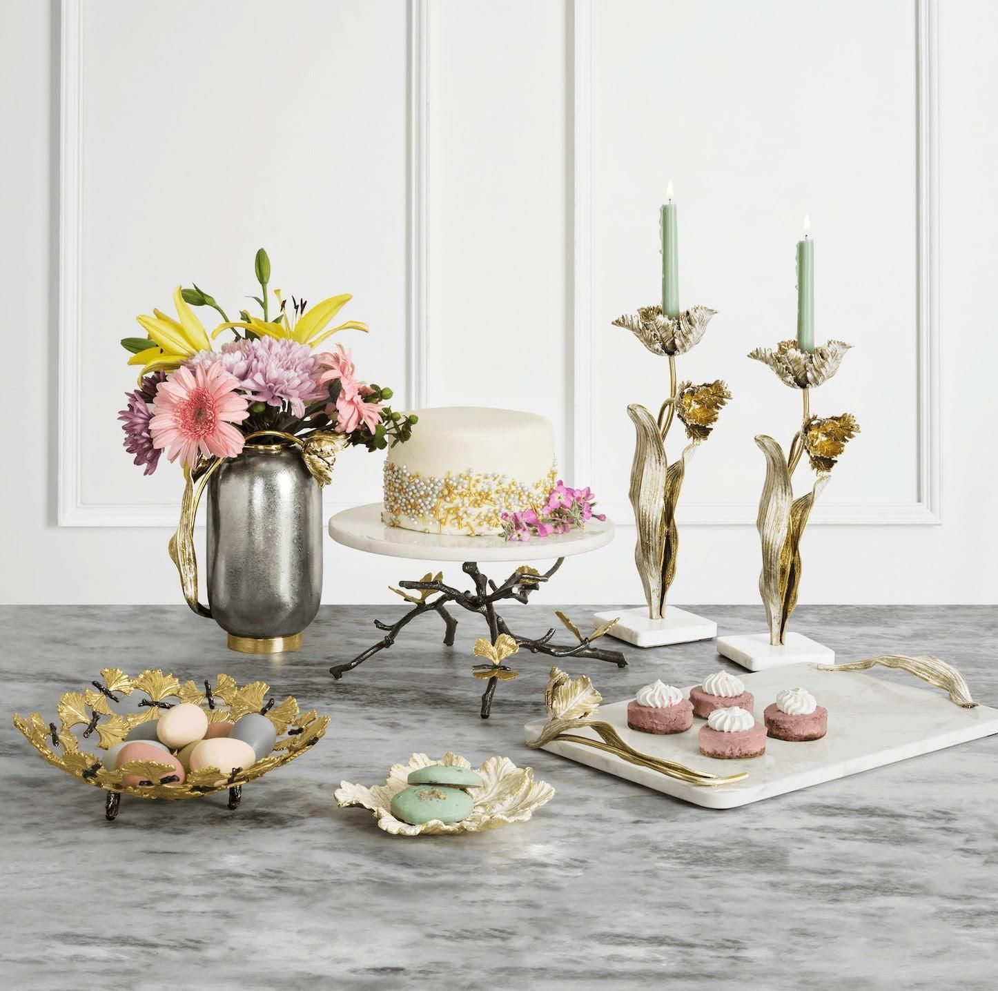 Pair Of Tulip Candleholders In Brass, Marble And White Enamel. photo 1279.0