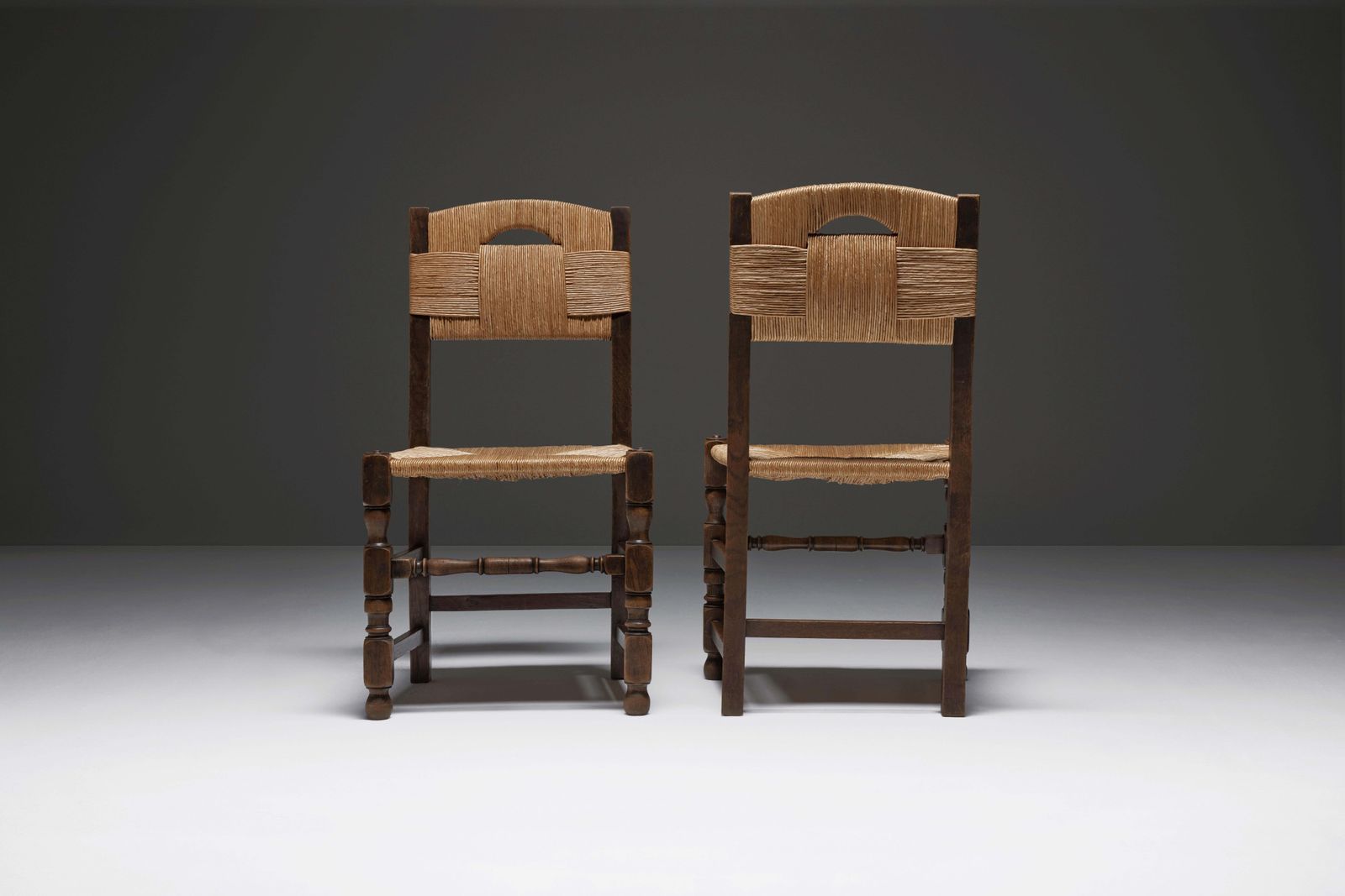 Set Of Six Oak And Rush Chairs With Sculptural Legs, Europe 1940s photo 6164.0