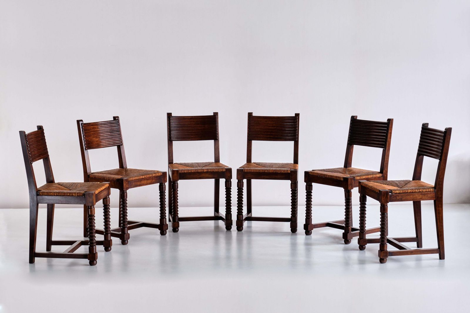 Set Of Six Victor Courtray Dining Chairs In Oak And Rush, France, 1940s photo furniture