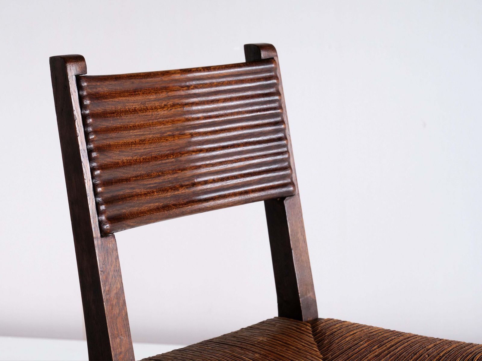 photo buy Set Of Six Victor Courtray Dining Chairs In Oak And Rush, France, 1940s