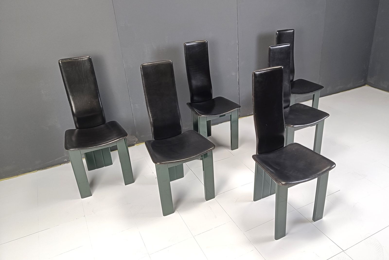 photo vintage Set Of 6 Italian Leather And Green Lacquer Dining Chairs, 1980s