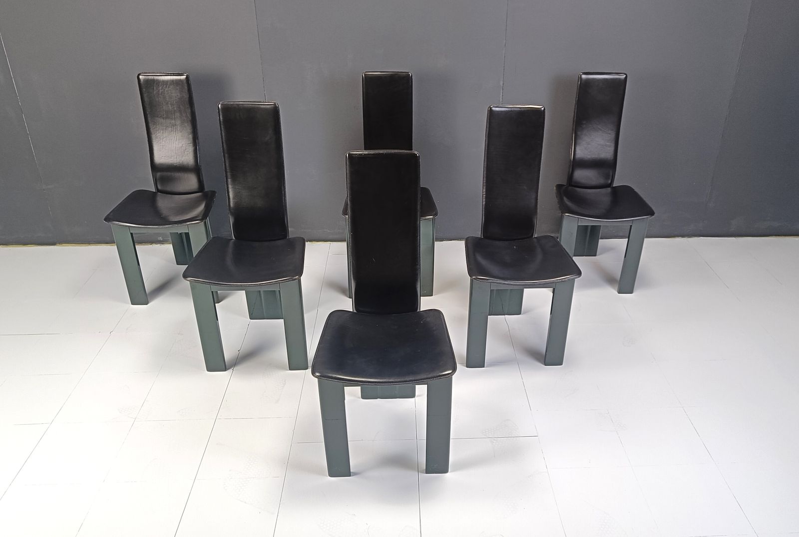 Set Of 6 Italian Leather And Green Lacquer Dining Chairs, 1980s