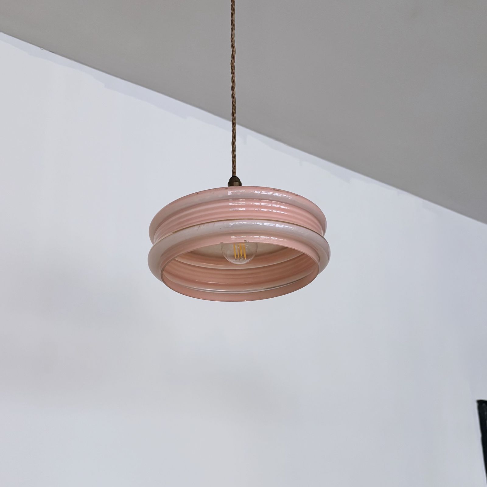 Pair Of Mid Century Pink Glass Shades With Gold Details photo Lighting