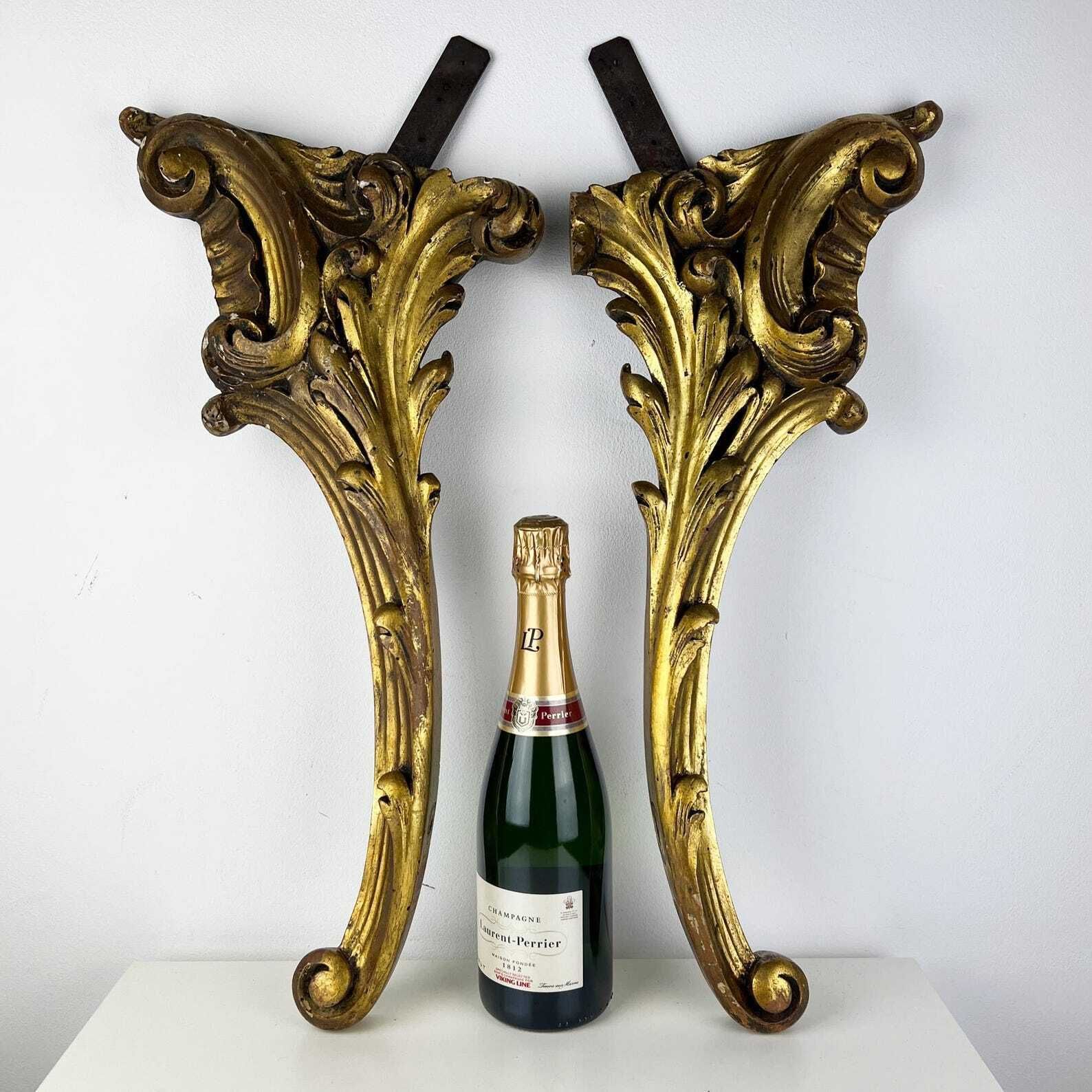 Pair Of Antique Salvaged Console Legs, Gilt Wood Carving Fragments, Architectural Salvage photo for sale