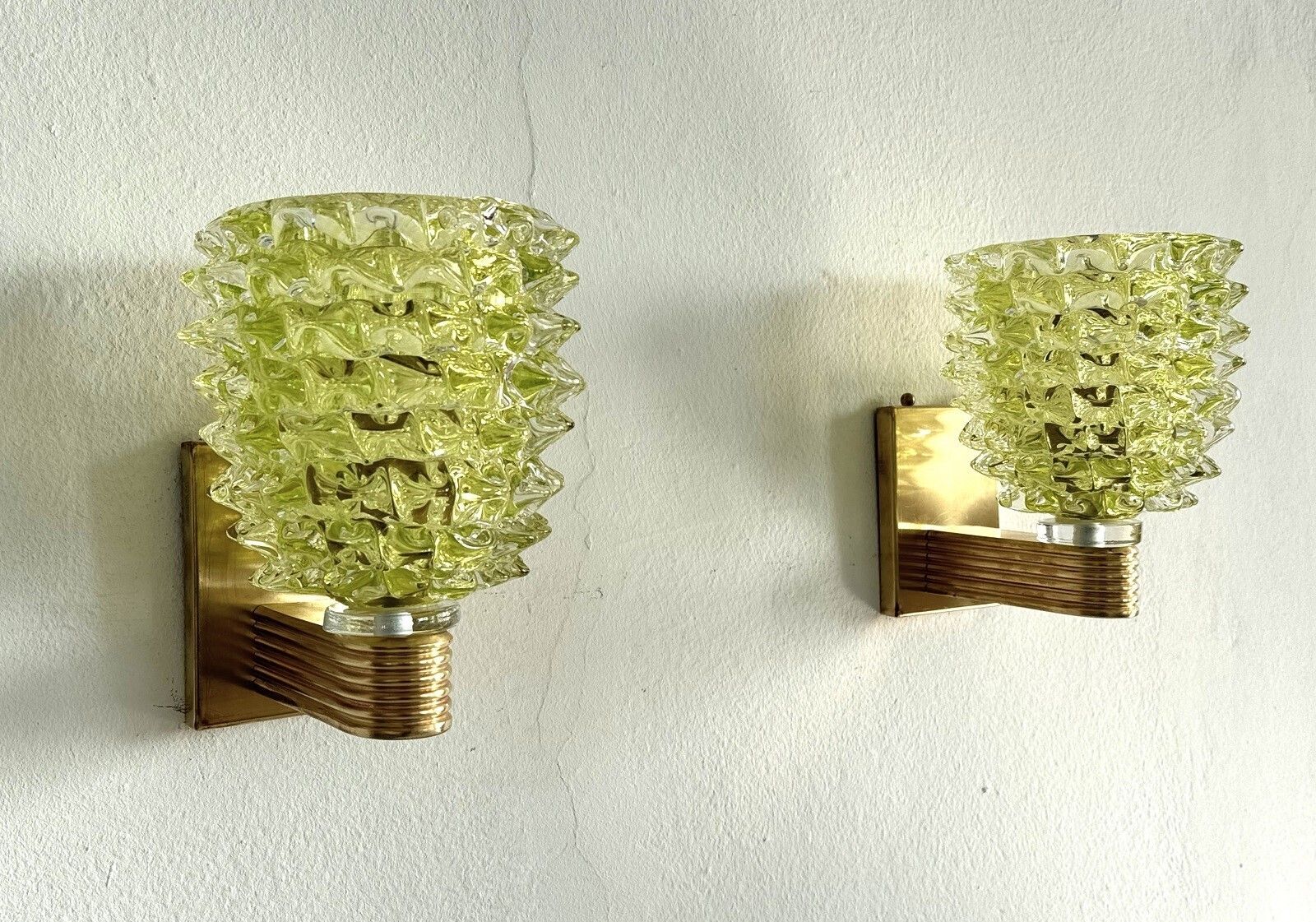 Italian Art Deco Brass And Green Rostrato Murano Glass Wall Sconces In Barovier Toso Style photo Lighting