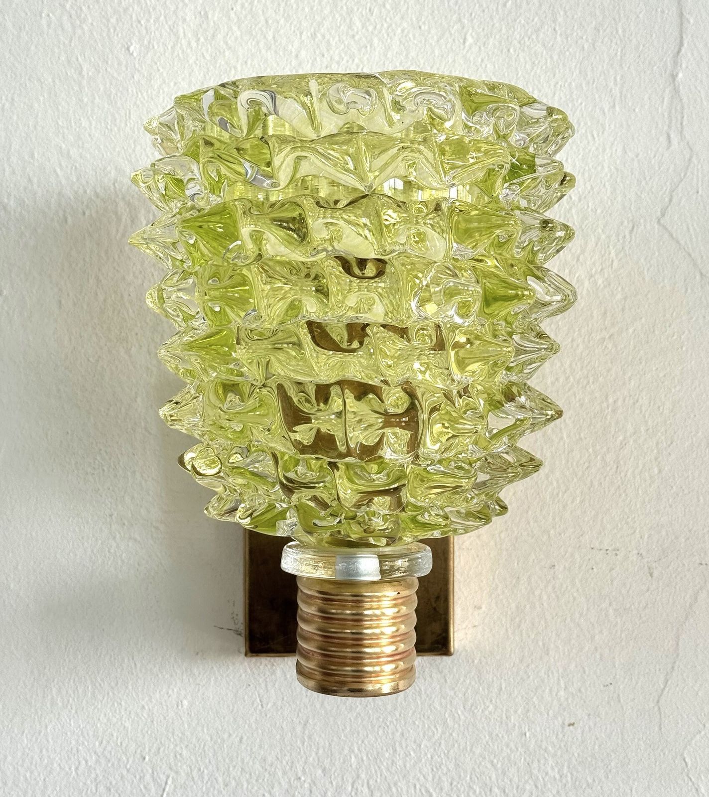 Italian Art Deco Brass And Green Rostrato Murano Glass Wall Sconces In Barovier Toso Style photo buy
