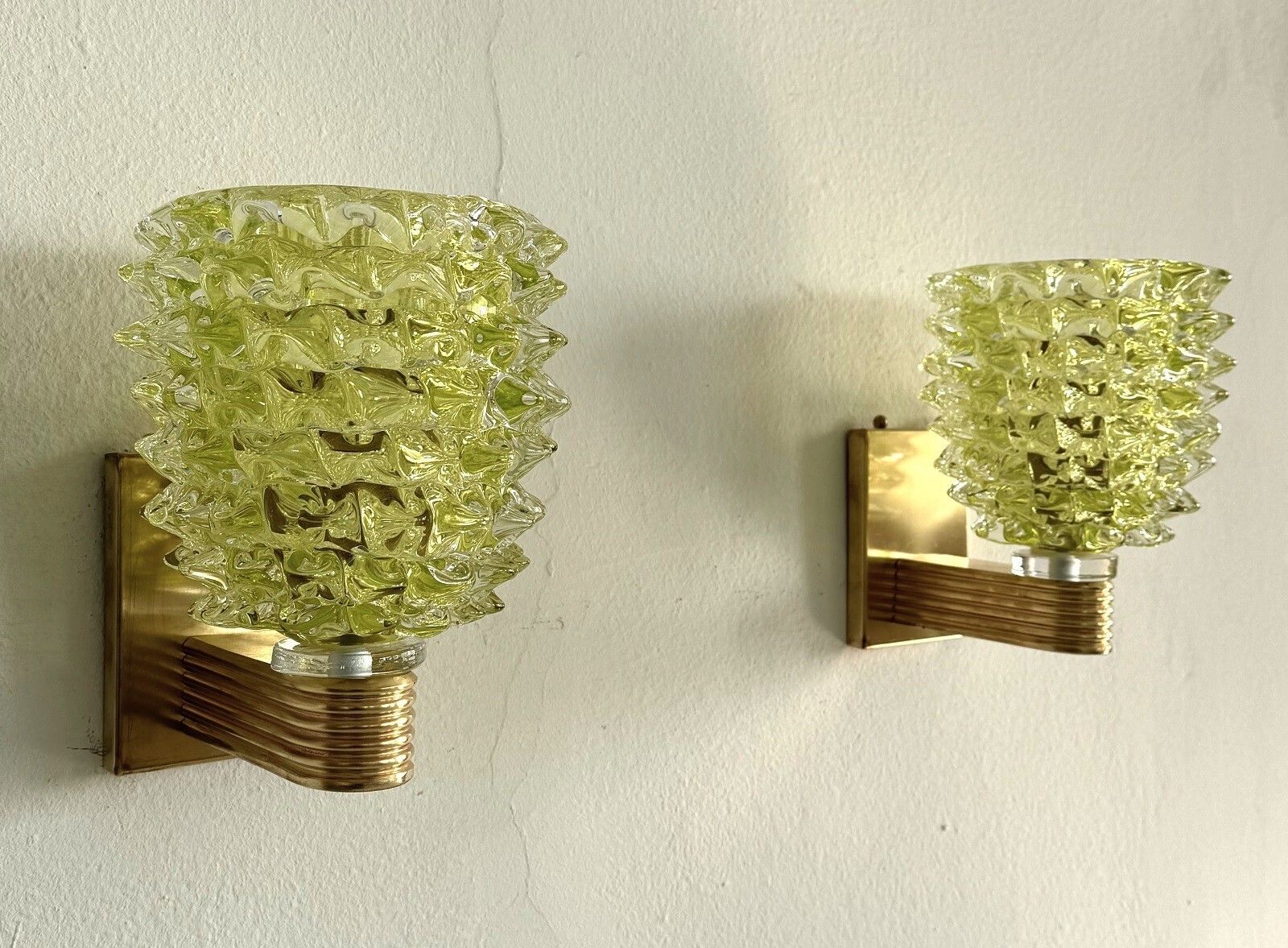 photo furniture Italian Art Deco Brass And Green Rostrato Murano Glass Wall Sconces In Barovier Toso Style