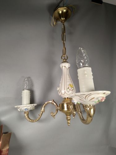 Vintage Italian Ceramic Pretty Floral Flower 3 Arm Chandelier Ceiling Light photo furniture