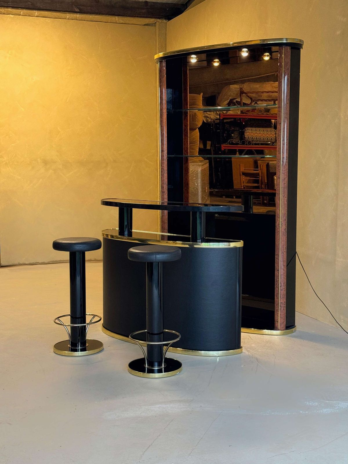 Midcentury Black Lacquered And Burlwood Cocktail Bar photo for sale