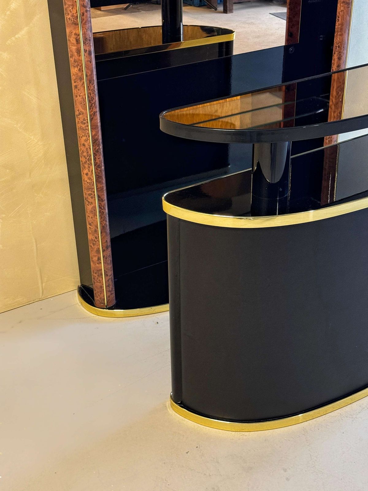 Midcentury Black Lacquered And Burlwood Cocktail Bar photo buy