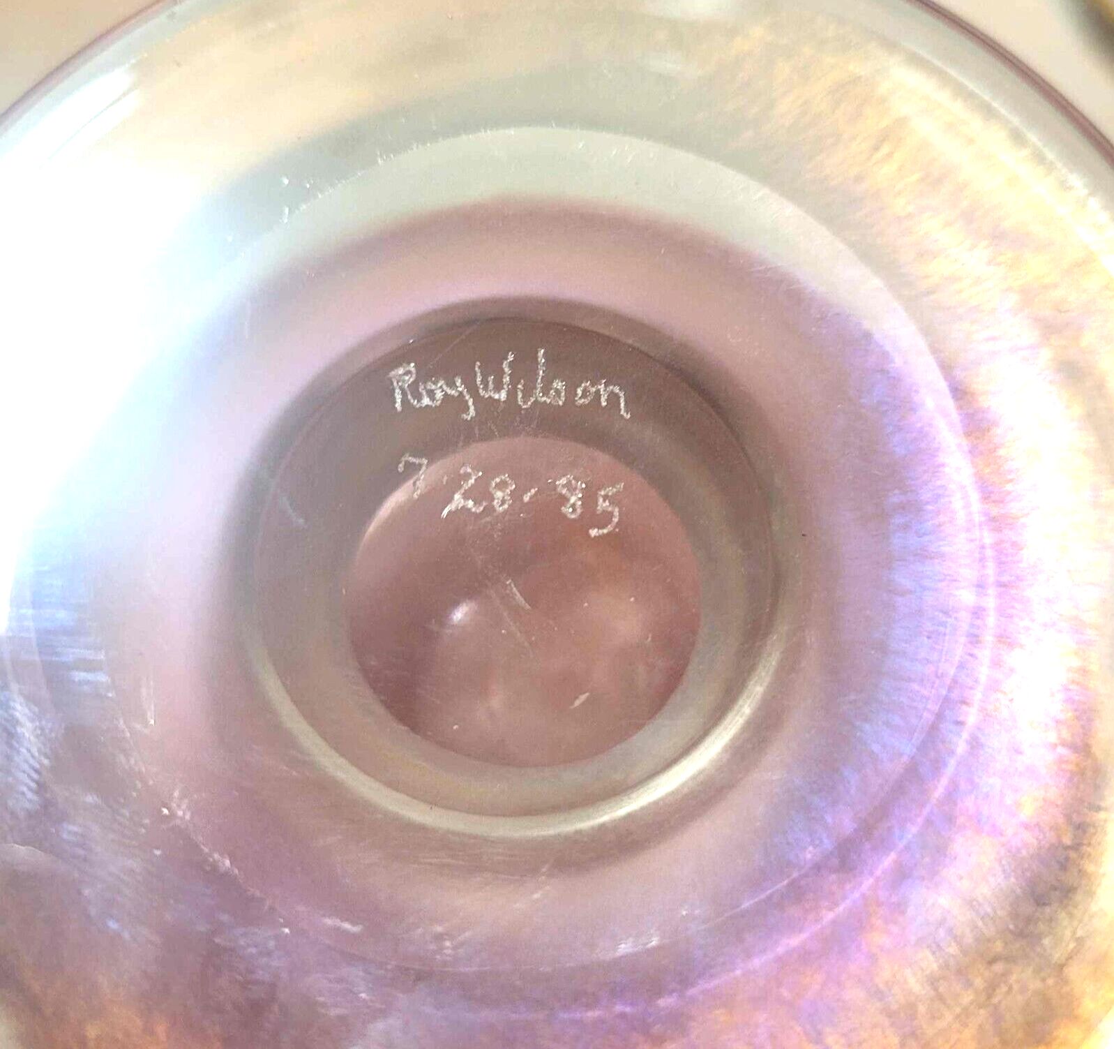 1985 Roy Wilson USA Iridized Blown Pink Art Glass Vase 8" photo for sale