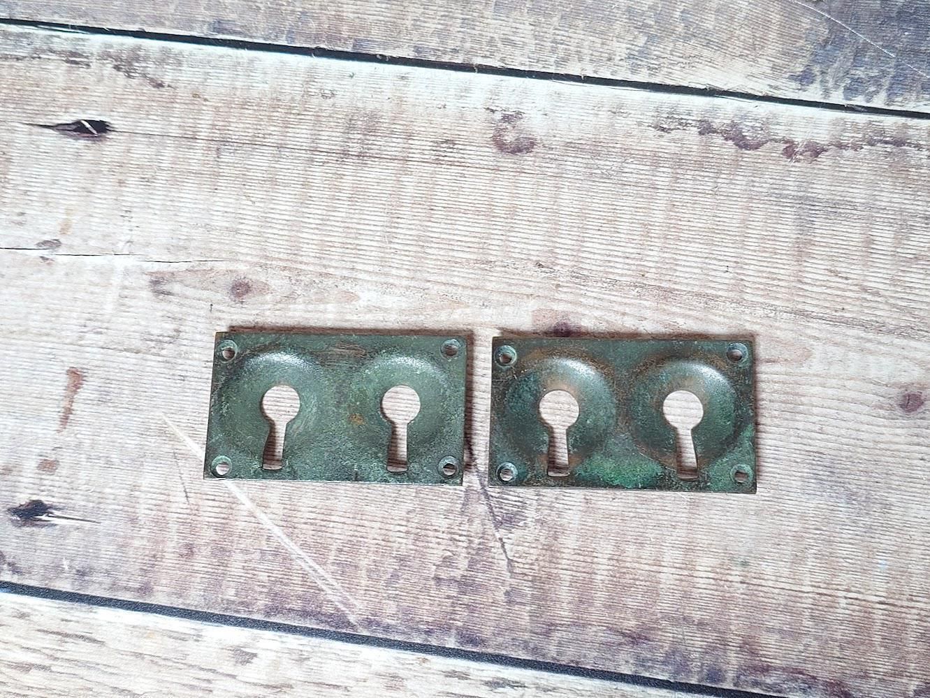 1 Pair Antique Brass Escutcheons, Brass Keyhole Surrounds, Double Keyhole photo furniture