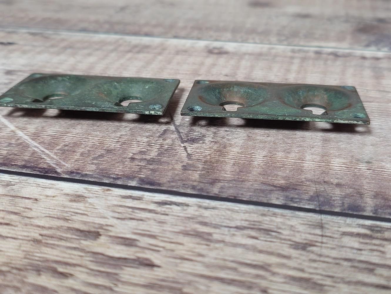 1 Pair Antique Brass Escutcheons, Brass Keyhole Surrounds, Double Keyhole photo 50.0