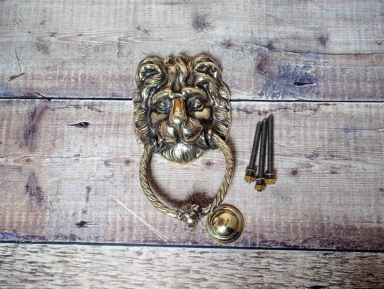 Antique Polished Brass Lion Door Knocker, Salvaged Lion Door Knocker