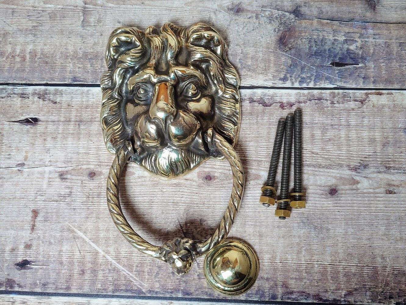 Antique Polished Brass Lion Door Knocker, Salvaged Lion Door Knocker photo furniture