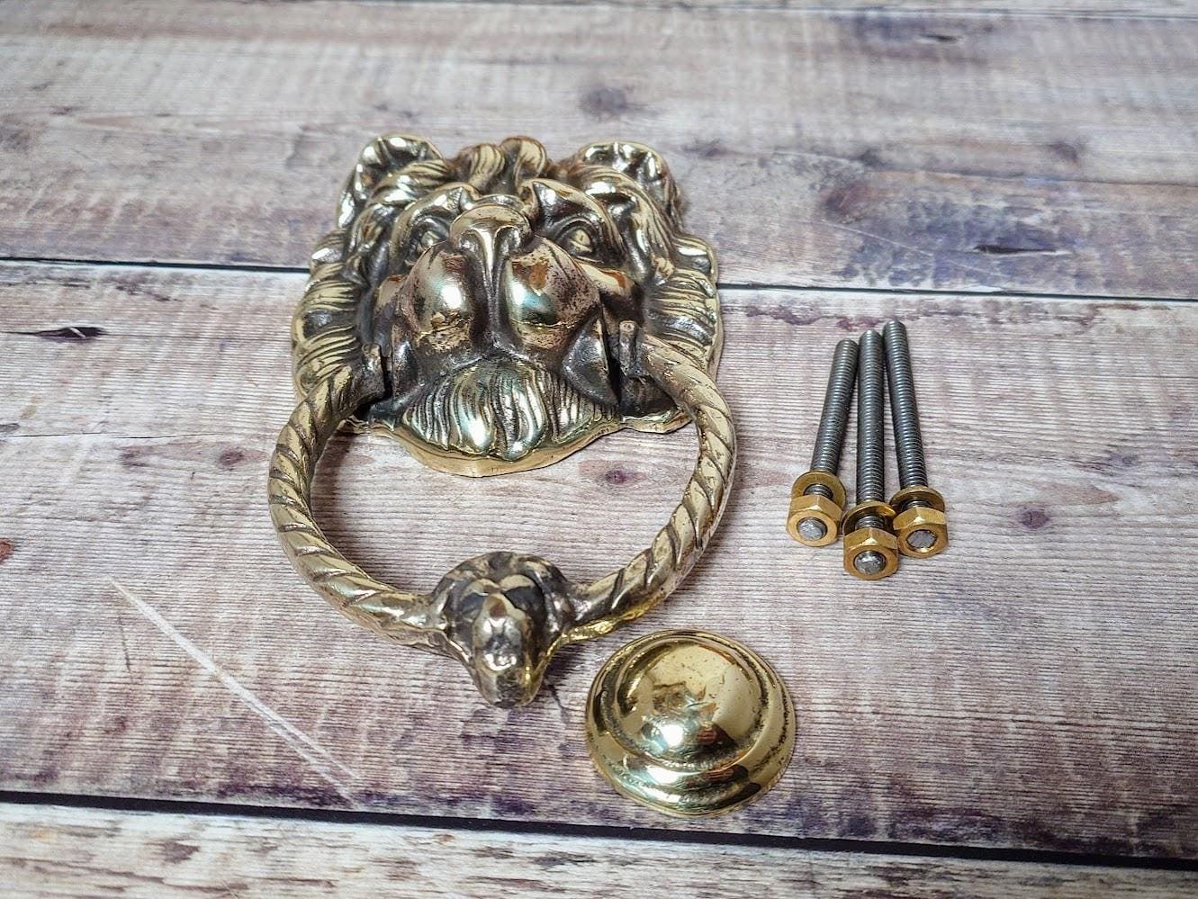 Antique Polished Brass Lion Door Knocker, Salvaged Lion Door Knocker photo Home Fixtures