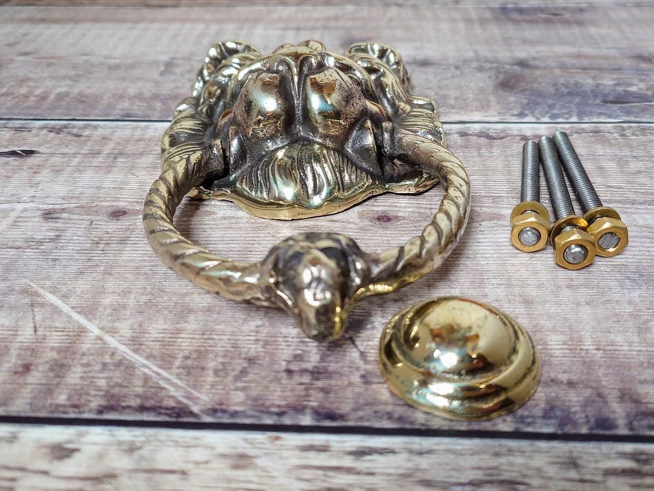 Antique Polished Brass Lion Door Knocker, Salvaged Lion Door Knocker photo 85.0