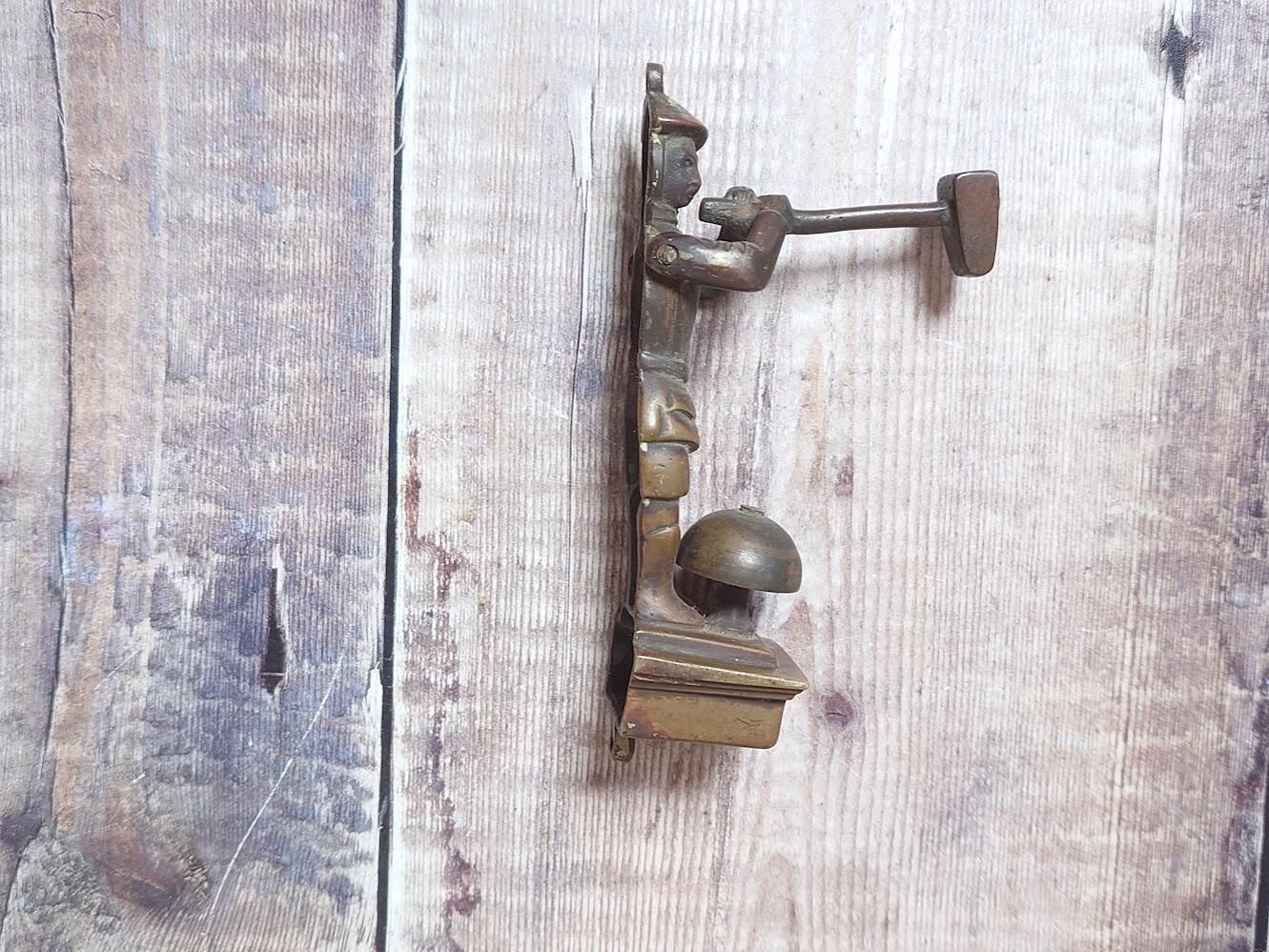 Jack Hammer Minehead, Small Antique Collectible Brass Door Knocker, Small Collectible Brass Shop Bell photo vintage