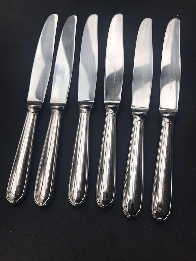 Christofle Dinner Knives Vintage Stainless Steel Table Replacement Set 6 Cutlery Acier 1980s, Elegant Dinner Luxury Gift photo for sale