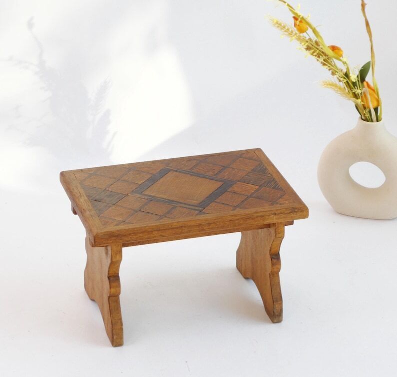 Antique Wooden Small Stool With Carved Details, Wooden Plant Stand, Farmhouse Decor, French Side Table