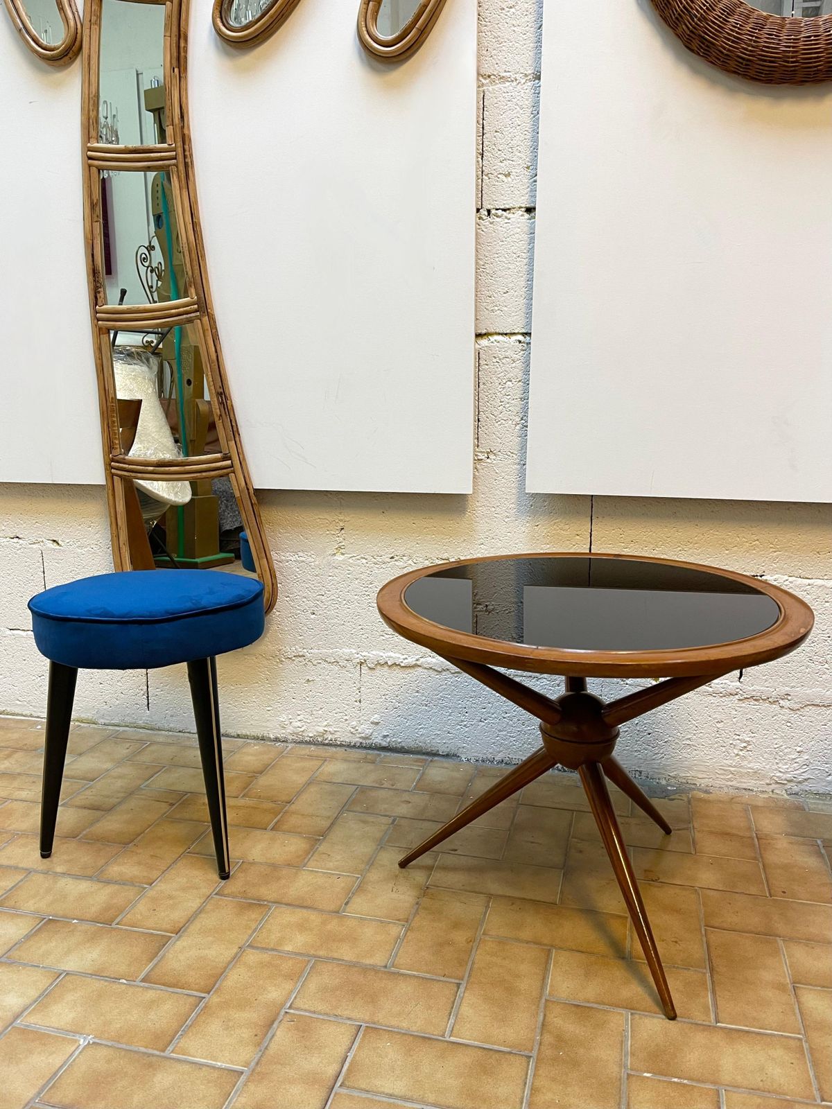 photo furniture Italian Mid Century Wood And Opaline Glass Coffee Table, Italy, 1950s