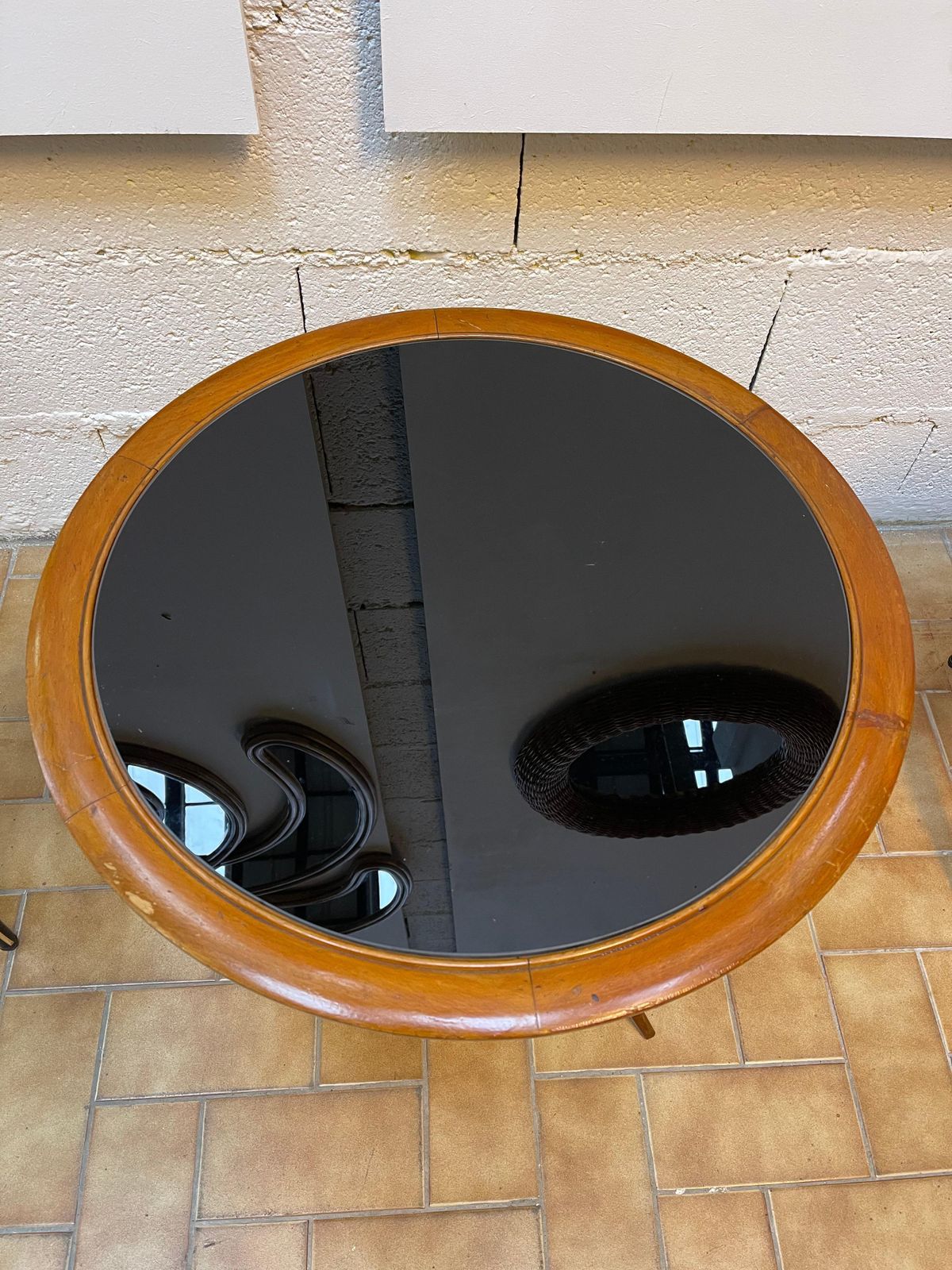 photo for sale Italian Mid Century Wood And Opaline Glass Coffee Table, Italy, 1950s