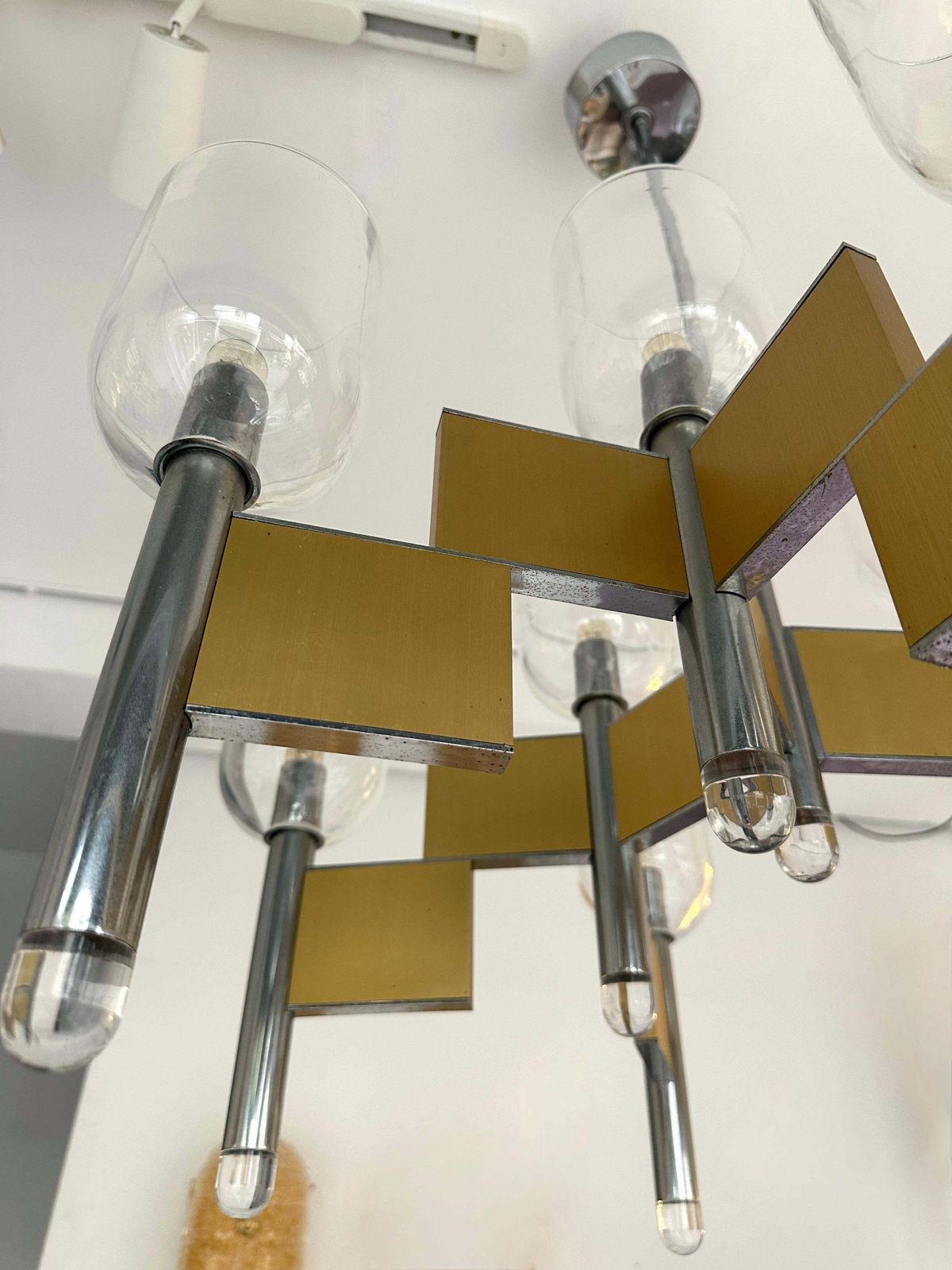 Chandelier Brass Chrome And Murano Glass By Sciolari, Italy, 1970s photo vintage