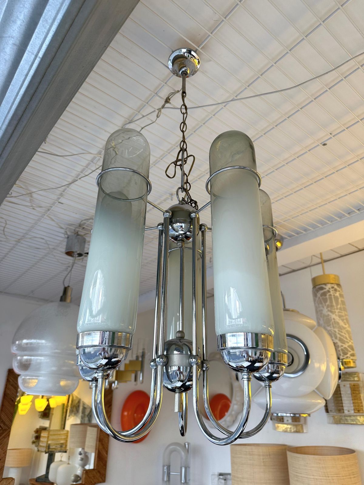 photo for sale Chandelier Murano Glass Tubes And Metal Chrome. Italy, 1970s