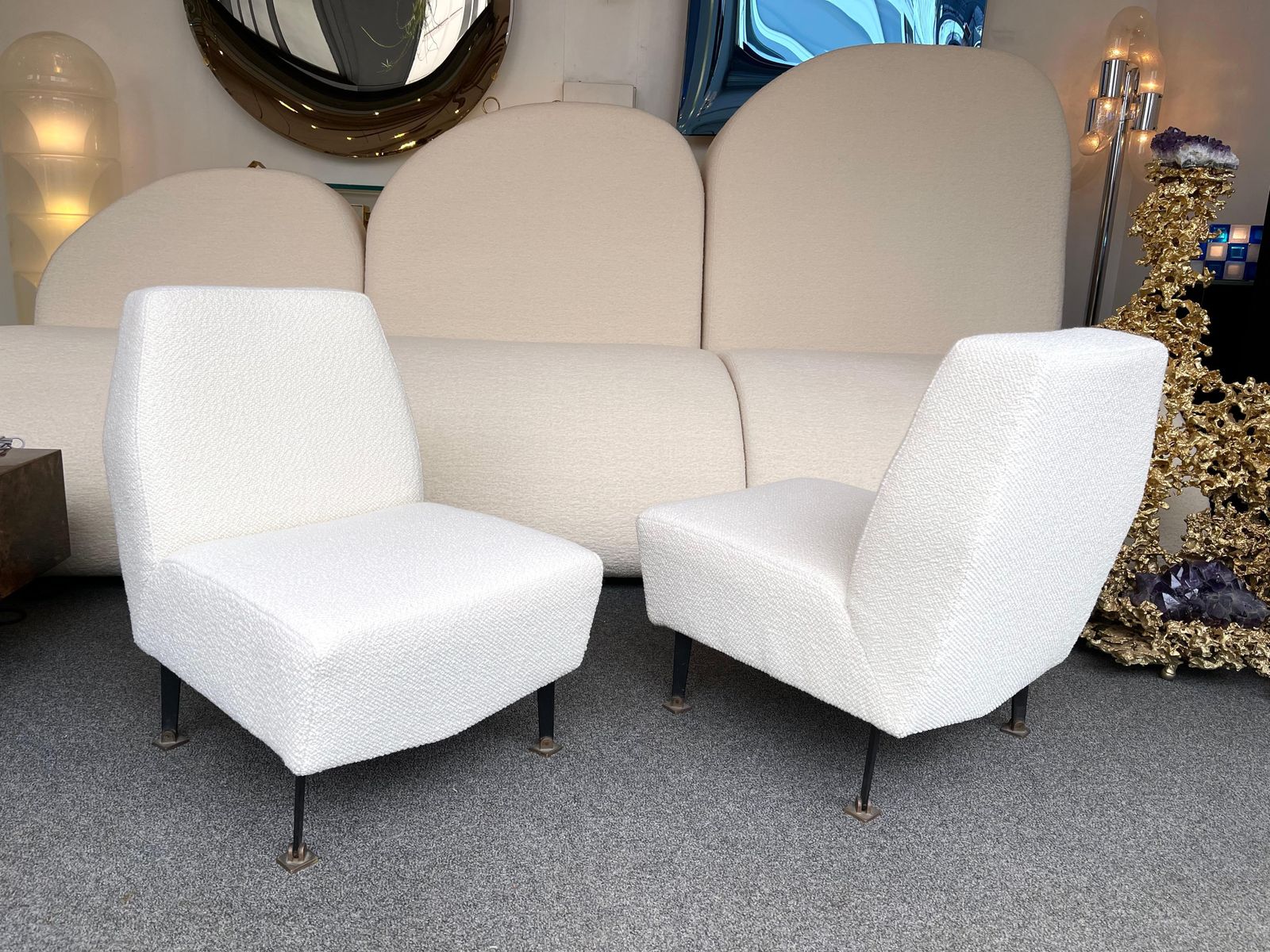 Furniture Pair Of Slipper Chairs Bouclé Fabric By Studio Apa For Lenzi, Italy, 1960s photo