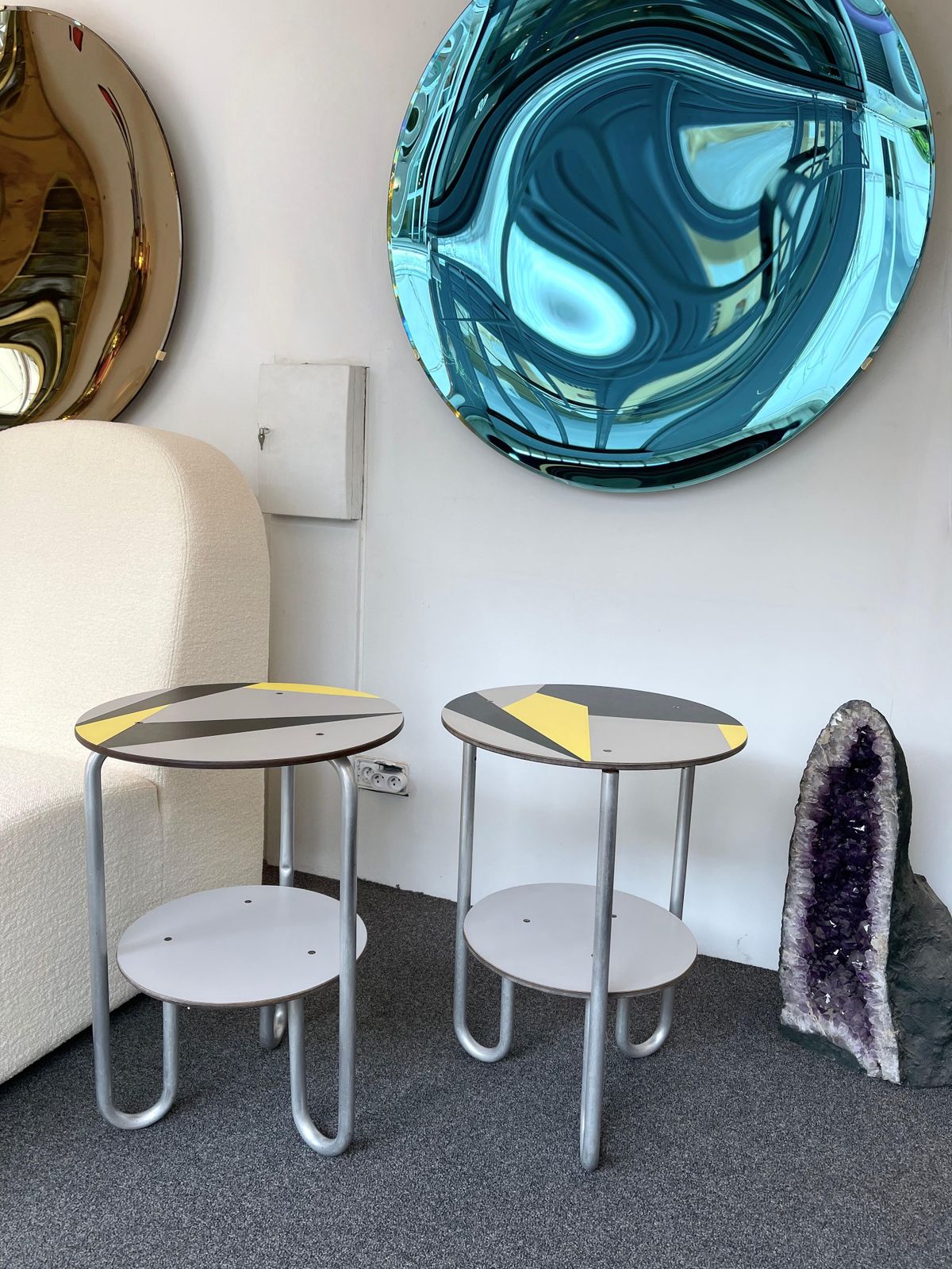 Pair Of Geometry Formica Marquetry And Metal Side Tables, Italy, 1980s photo buy