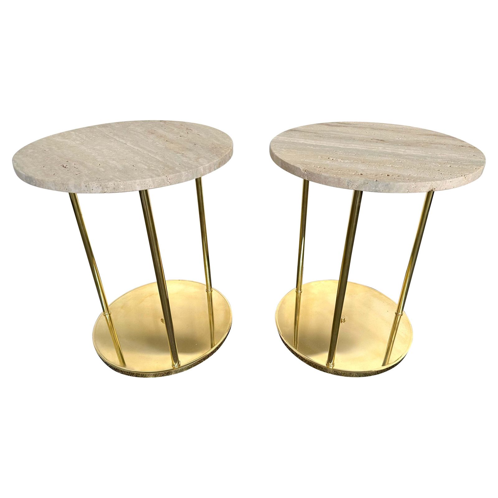Contemporary Pair Of Brass And Travertine Side Tables, Italy
